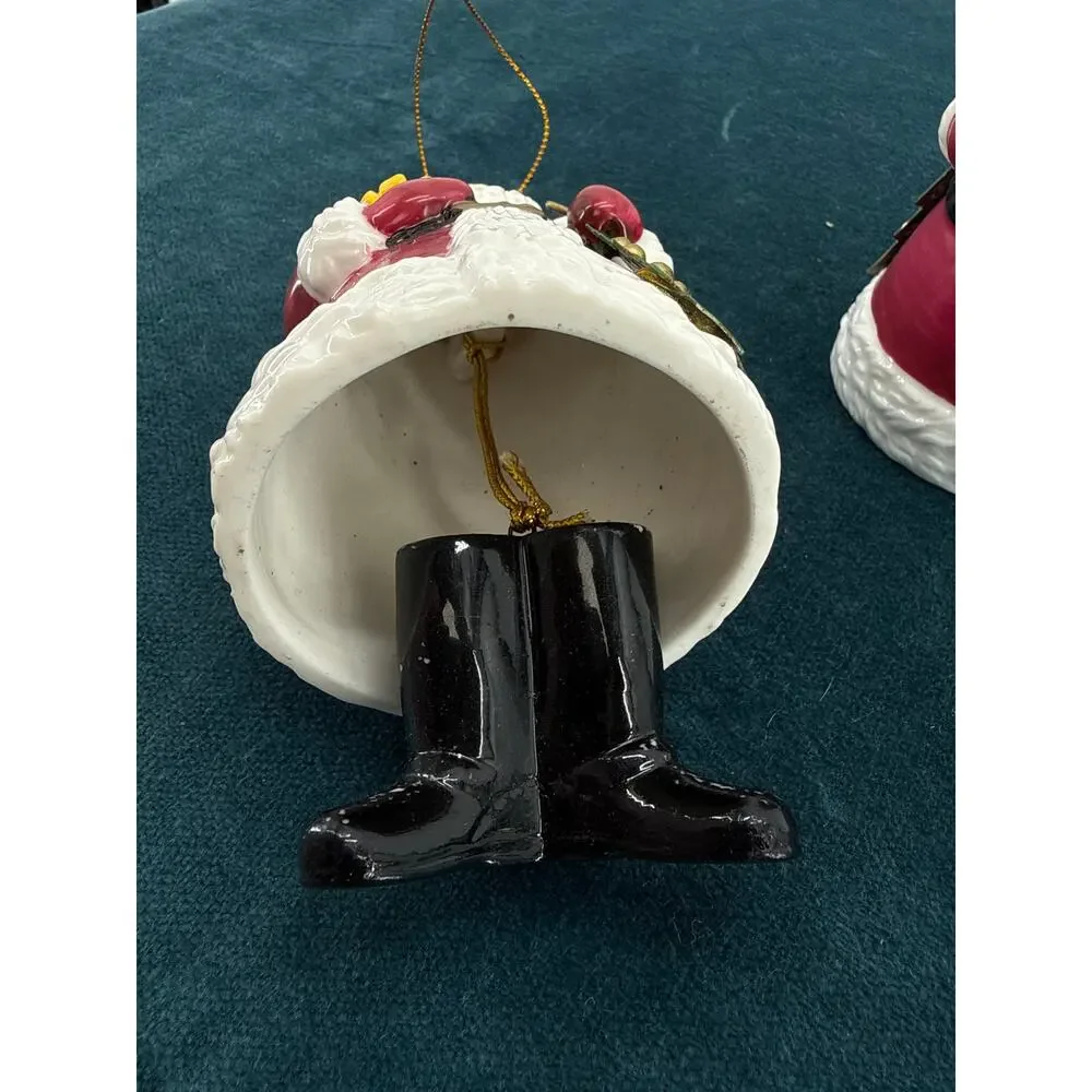 Santa Claus Christmas Bells Set of 2 Ceramic 4 Inch Holiday Tree Ornaments Decor